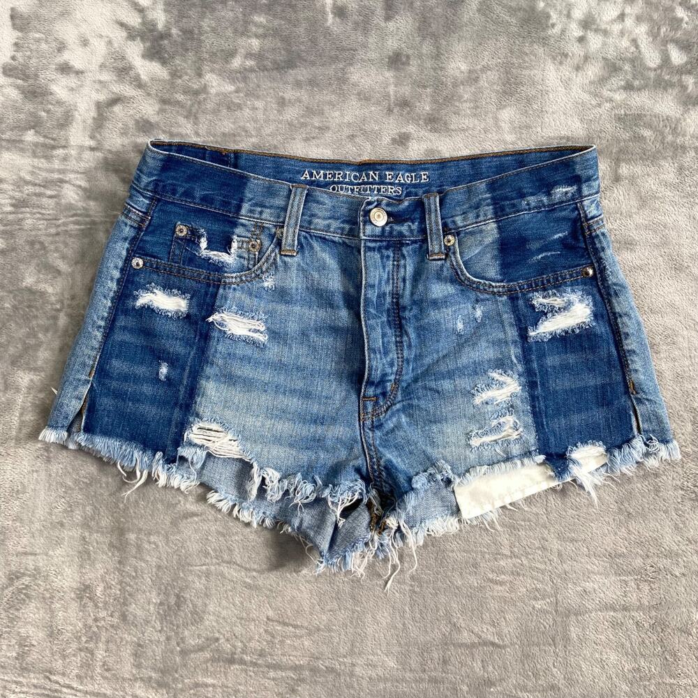 American Eagle Distressed Vintage Hi-Rise Festival‎ Shorts Women 8 Blue Two-Tone